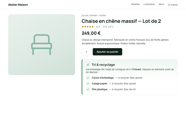 Carte « Tri & recyclage » AGEC Ready affichée sur une fiche produit WooCommerce : mention Triman et consignes de tri par matériau.