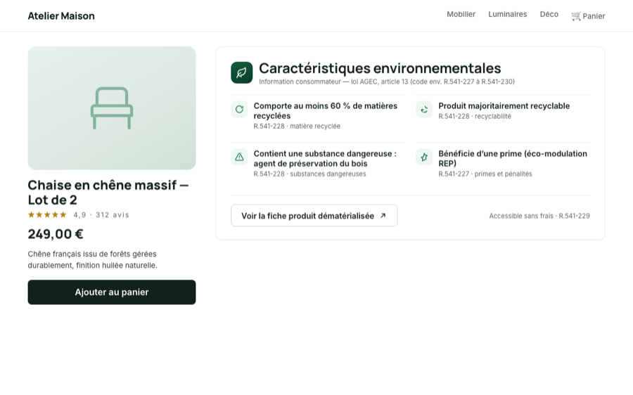 Caractéristiques environnementales (article 13) sur une fiche produit — AGEC Ready Pro.
