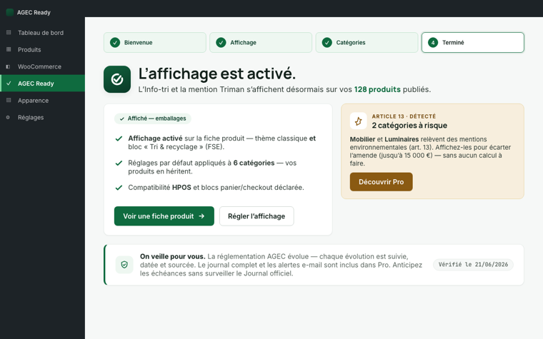 Assistant d'activation AGEC Ready : écran d'activation de l'affichage.